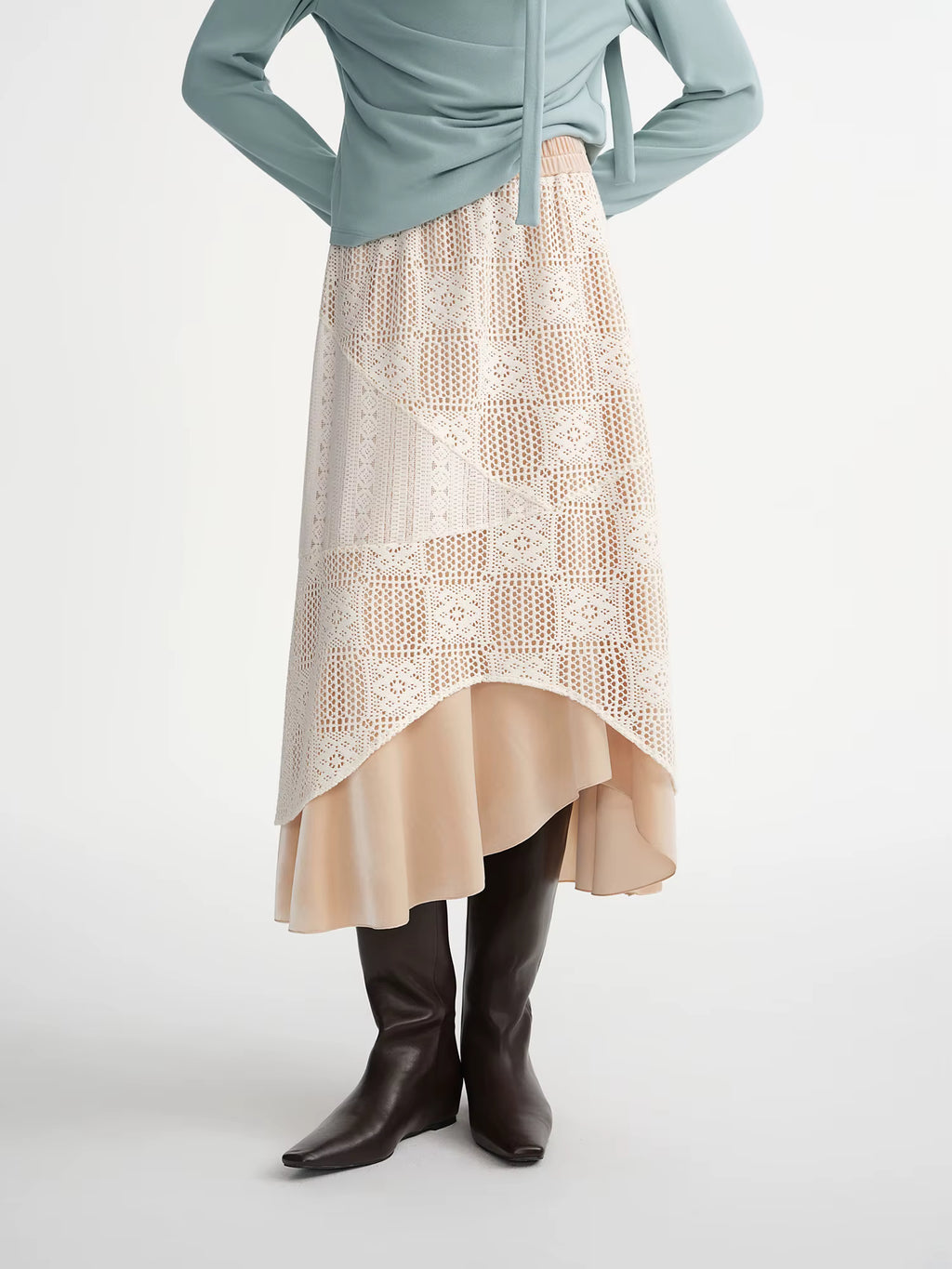 Plus-Size Women Soft Blossoms Double Layer Lace Crochet Asymmetric Skirt Elegant Stylish Design Inspired Retro Fashion