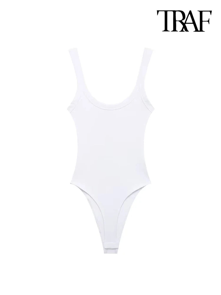 TRAF-Skinny Ribbed Bodysuits for Women, O Neck, Straps, Snap-Button, Female Playsuits, Sexy Fashion