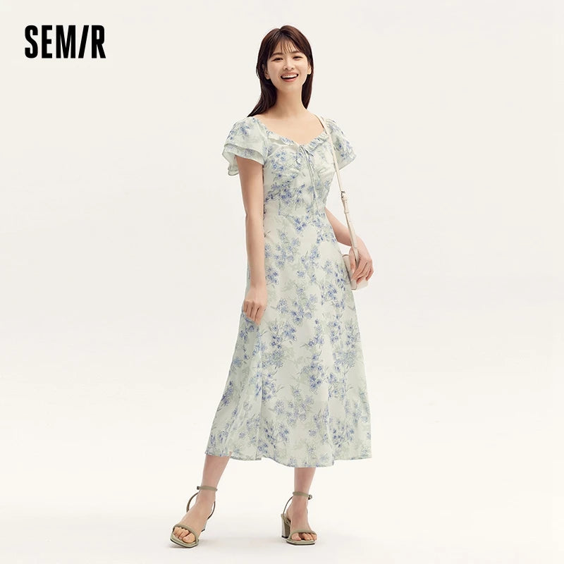Semir Dress Women Square Neckline Ruffled Trim And Short Flutter Sleeve 2024 Summer New Fresh And Delicate Chiffon Floral Dress