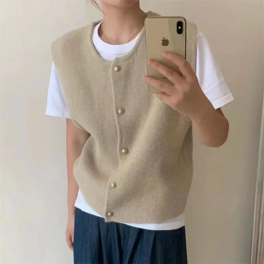 2024 Spring Fall Korean Fashion Round Neck Sweater Vest Solid Color Knitted Tank Top Sleeveless Cardigan Waistcoat Knitwear