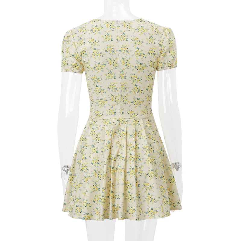 Candyhot Elegant Retro Print Y2K Casual Dress Summer Short sleeved V-neck Evening Dress High Street Club Ruffled Aesthetic Dress