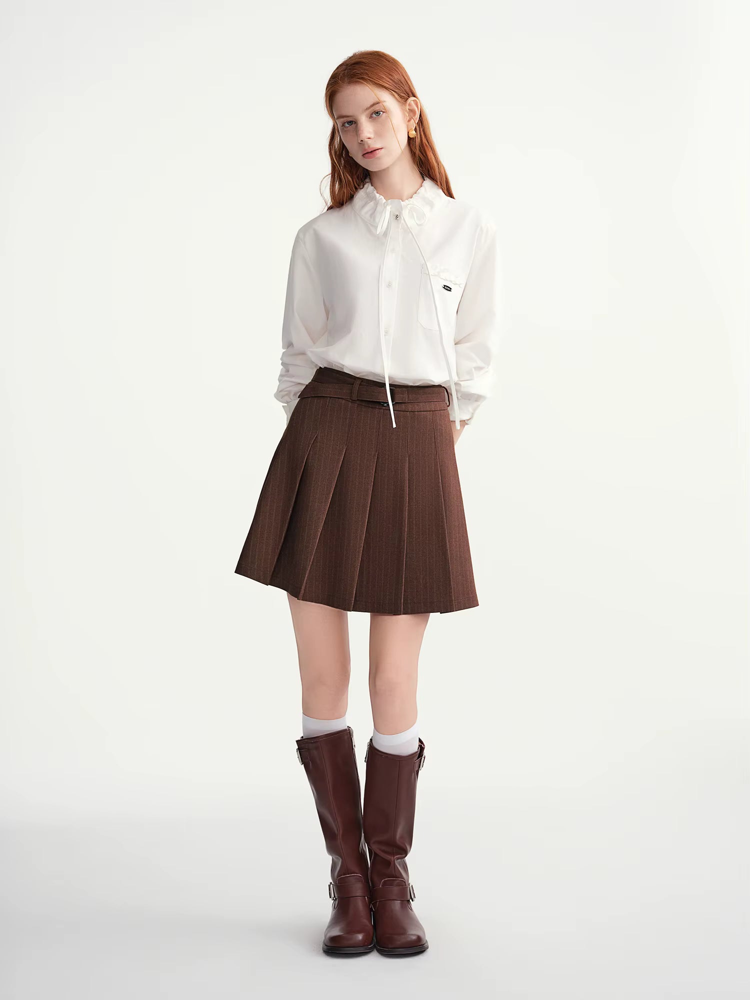 Plus-Size Women's Dark Stripe Pleated Skirt with Fabric Belt Fall-Winter 2025 New Arrival A-Line Mini Skirt Brown Skirts