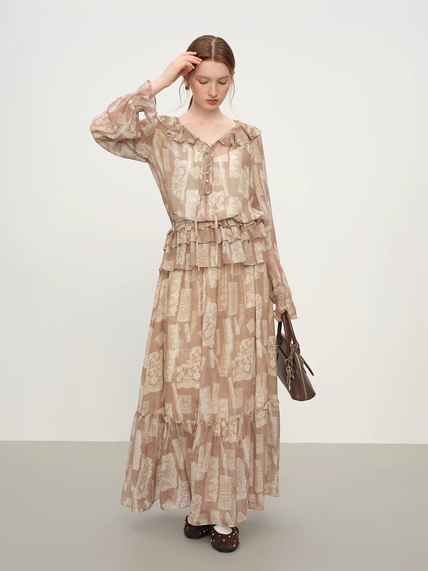 Party Dress Set Bohemian Style Elegant Ruffled Printed Long-sleeved Shirt Skirt Set for Women Winter Fairy Sundress