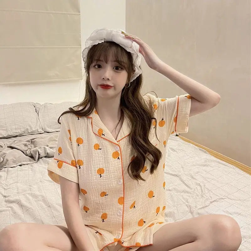 Orange Print Sleepwear Women Pajama Sets Korean Style Summer Piiama 2 Pieces Night Wears for Sleeping Student Cute Home Su