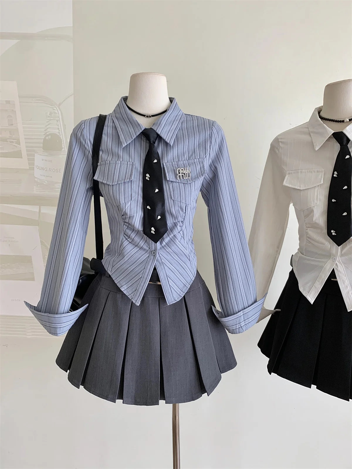 Women JK Preppy Y2k Gyaru Kpop 2000s Outfits 2 Piece Set Long Sleeve Shirts With Tie Crop Tops + Mini Pleated Skirts With Belt