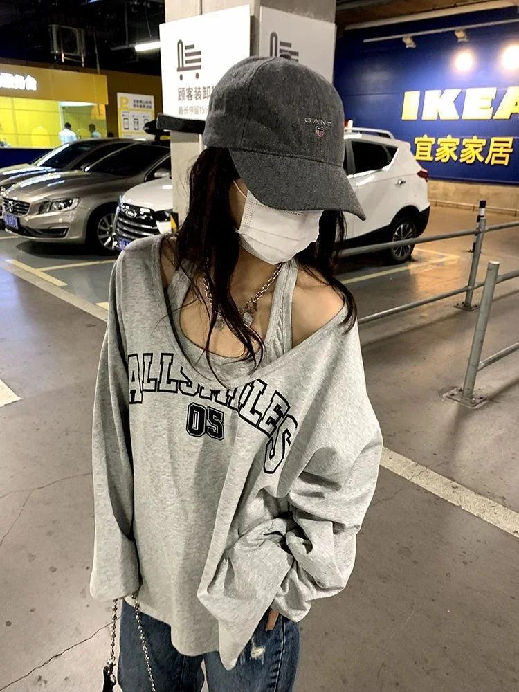 Y2K Two Pieces Set Oversized Women T-Shirts Spring Long Sleeve Halter Letter Print Sweatshirt Ladies Casual Loose Harajuku Tops