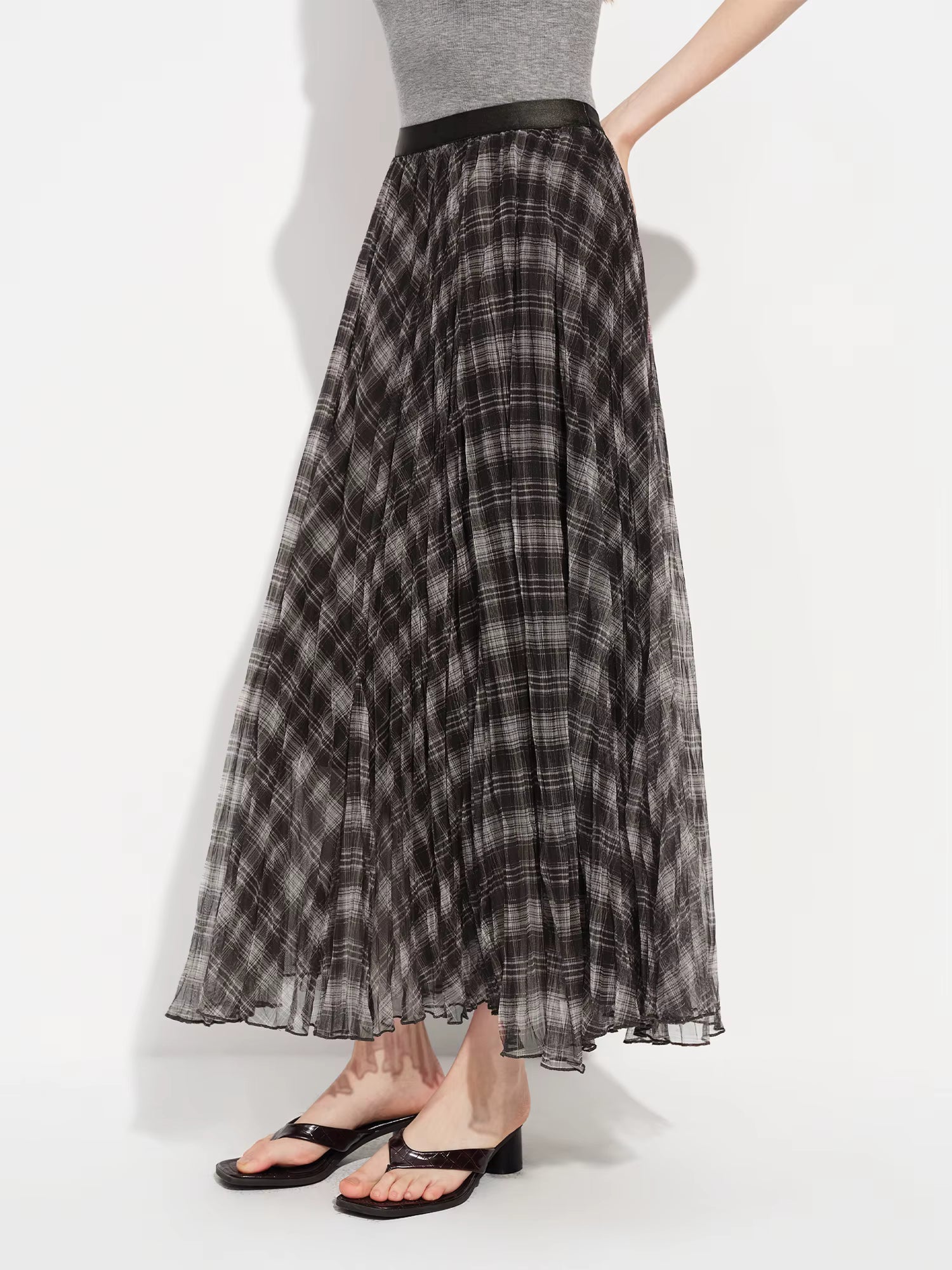 Retro Plaid Mesh A-line Skirt for Women New Spring Style for 2026 Flowing Draped Skirt Ankle-length Streetwear Citywalk Ins
