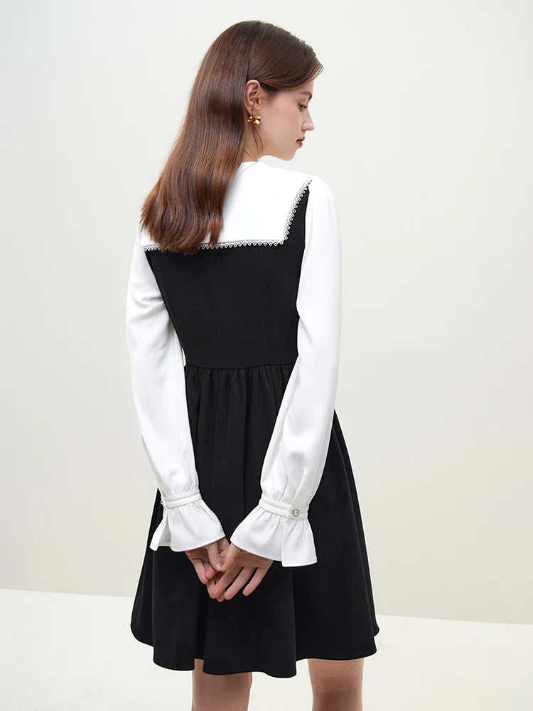 FSLE Turn-down Collar Women Black White Patchwork Design Knee-Length Dresses Puff Sleeve Sweet Female A-LINE Dress