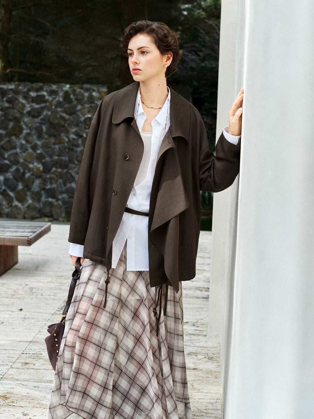 Relaxed Drawstring Turned-Up Collar Jacket for Women Spring 2026 New Arrival Long-Sleeve Top Lyocell Chestnut Brown Jackets