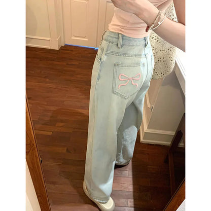 Blue Jeans for Women High Quality High Waist American Wide Leg Pants Bow Embroidery Jeans Y2K Vintage Straight Summer Trousers 2024