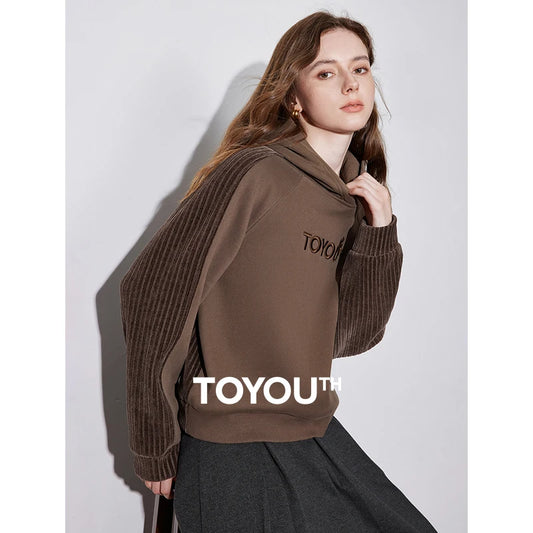 TOYOUTH Women Hoodies Sweatshirt 2024 Autumn and Winter New Fleece Letter Embroidery Splicing Hooded Pullover Tops