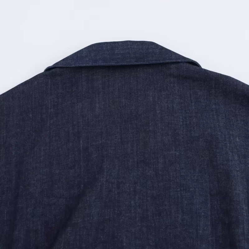 Denim MIDI dress with lapel side zipper fashion wrinkle waist slim elegant dress