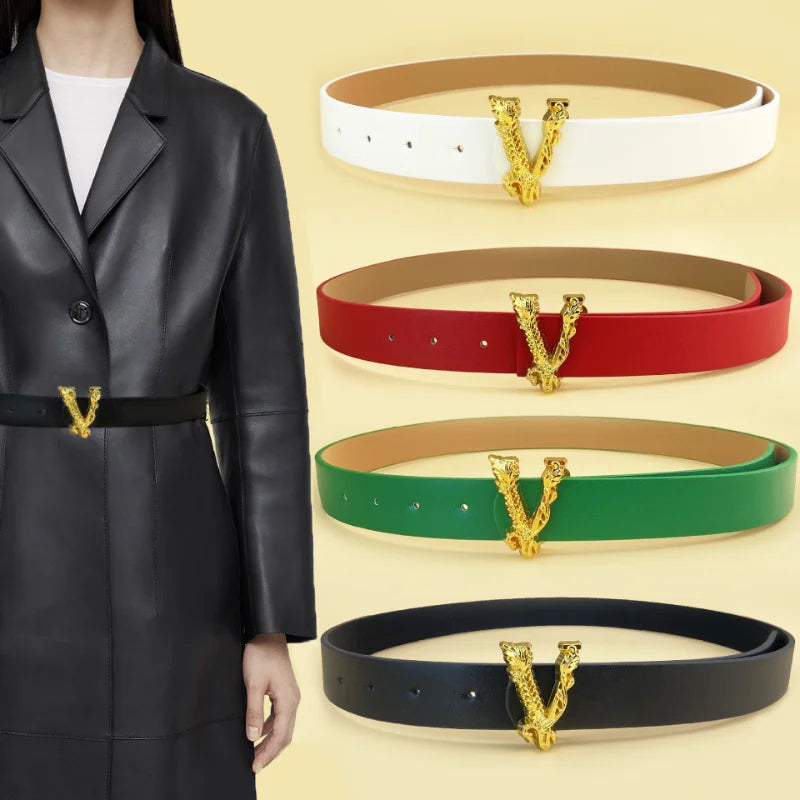 Luxury Brand Pu Leather Belt For  Women Designer Alloy  V Buckle Waist Strap Female Jeans Trouser Dress Waistband