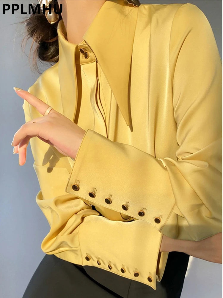 Streetwear Design Satin Shirts Blouses Women Korean Smooth Pointed Collar Camisas Casual Chic Office Tops New Long Sleeve Blusas