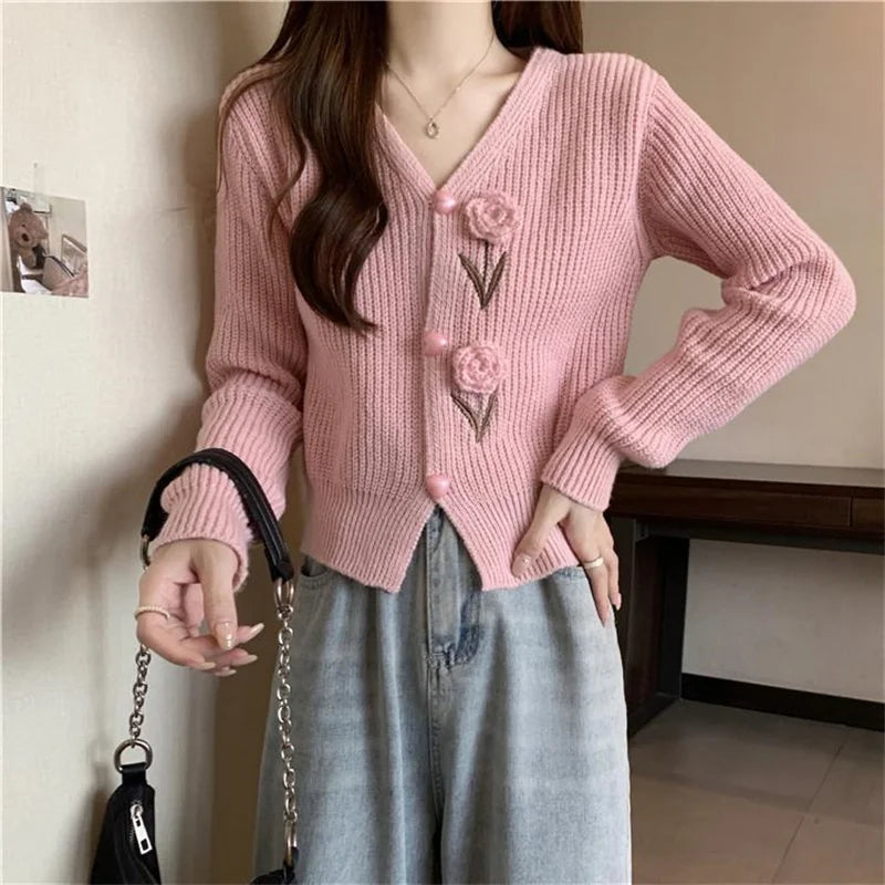 Heavy Industry Beautiful Flowers Knitted Cardigan Sweater Women Slim In Autumn And Winter With Small Cardigan V-neck Short Coat