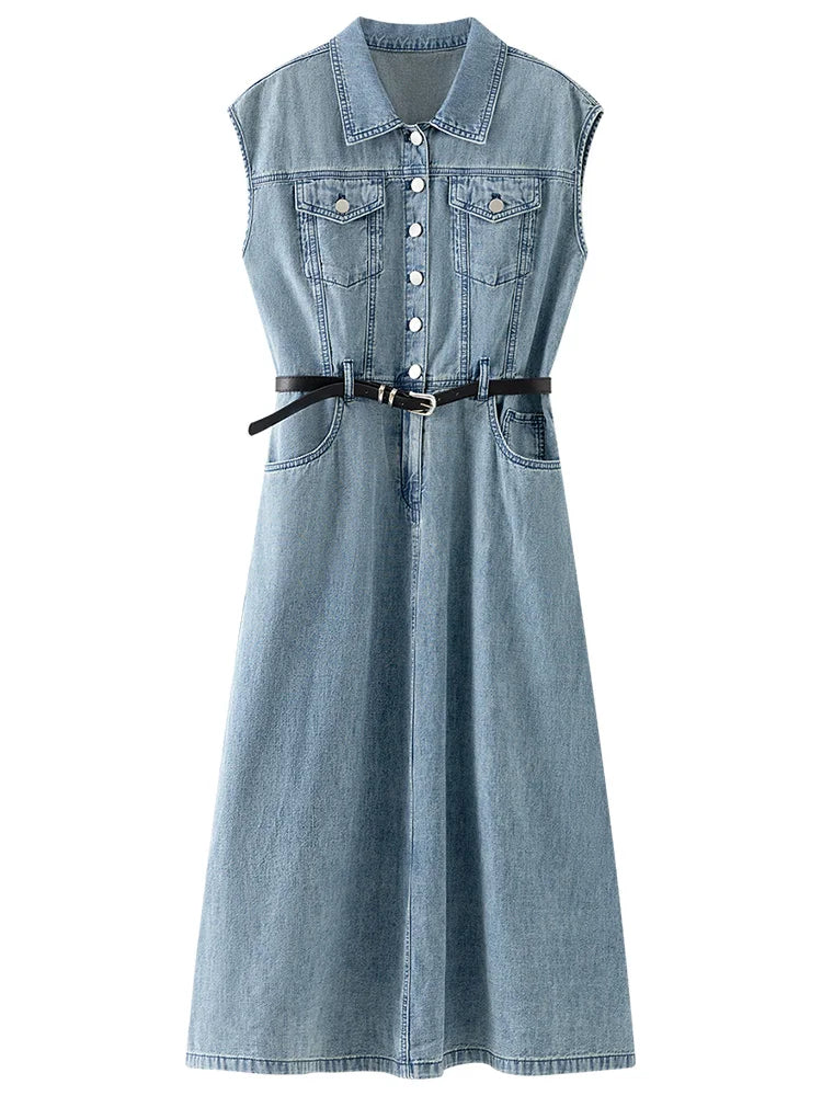 FSLE French Retro Cotton Sleeveless Denim Casual Straight Dress For Women 2024 Summer New Arrival Chic Style Dress 24FS12180