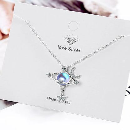 925 Sterling Silver Women Chain On The Neck Collarbone Necklace For Women Universe Star Moon Crystal Pendant Chain Jewelry