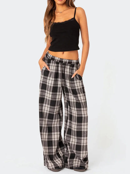 Mxiqqpltky Plaid Pants for Women Casual Pajama Pants Elastic High Waist Slim Wide Leg Cute Pj Pants Pajama Bottoms Loungewear