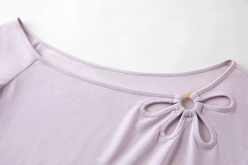 Sweet Off-Shoulder Cut-Out Design Linen Blend Long-Sleeve T-Shirt Spring 2026 New Arrival Skew collar Cotton Tops