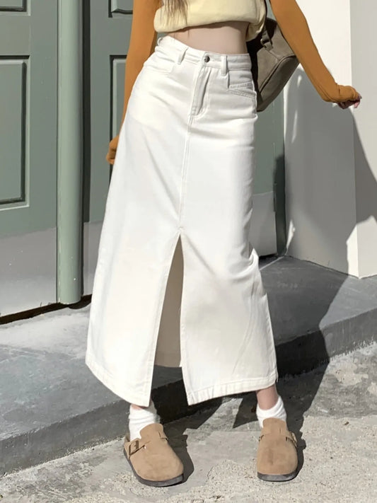 ZHISILAO New White Long Denim Skirt Women Vintage Casual A-line Denim Skirt Spring 2023