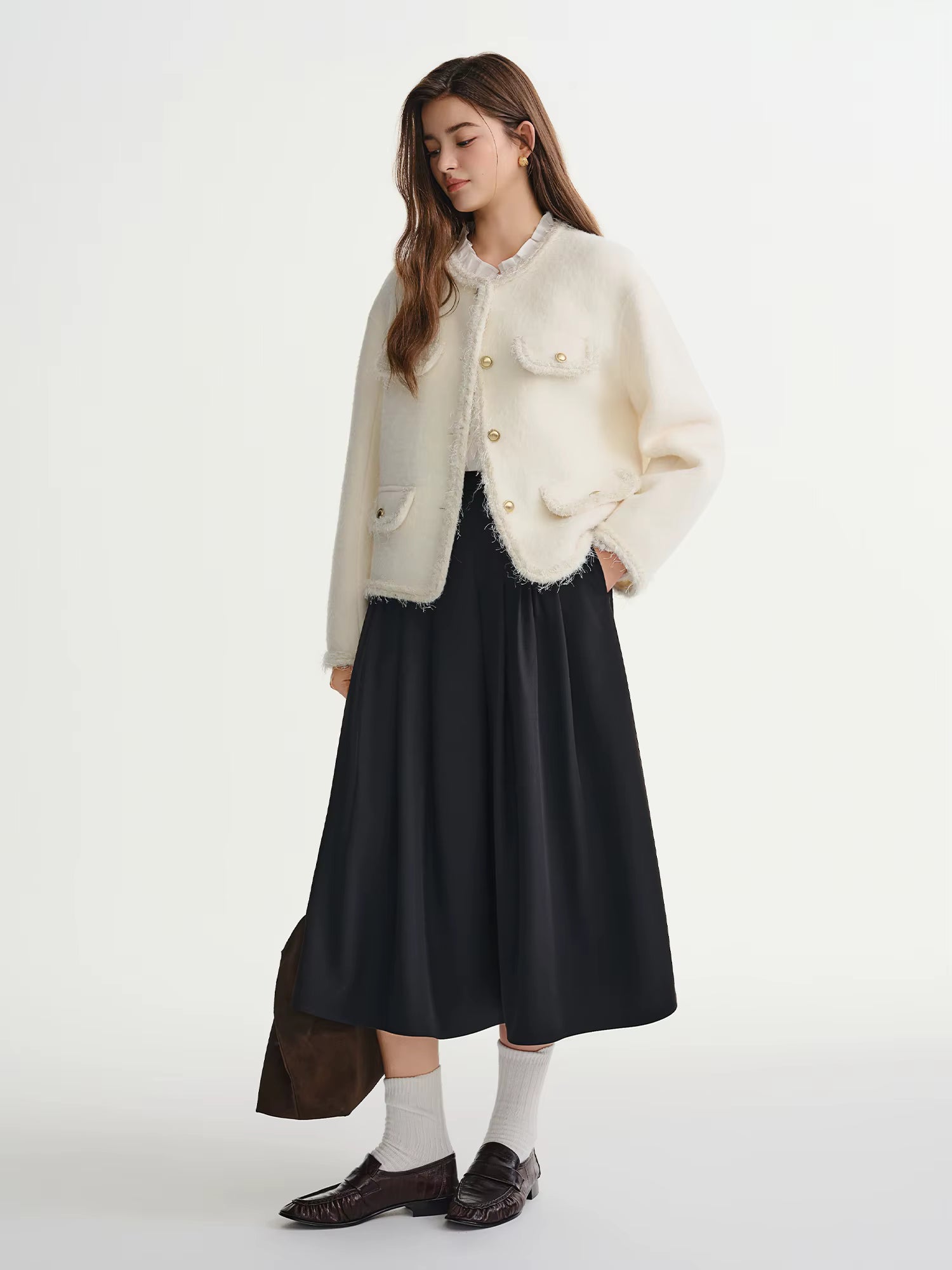 Winter 2025 Women's Alpaca Blend Tweed Coat - Fringed Trim Bouclé Jacket with Classic Collar for Casual Elegance