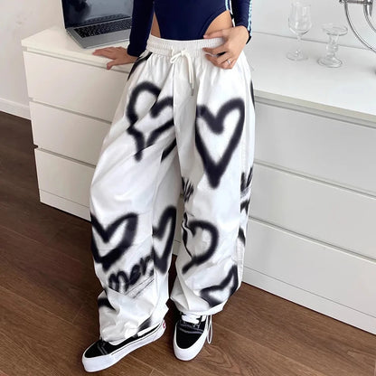 Y2K Love Graffiti Wide Leg Pants Women High Waist Streetwear Loose Drawstring Jogging Trousers Female Korean Casual Sweatpants