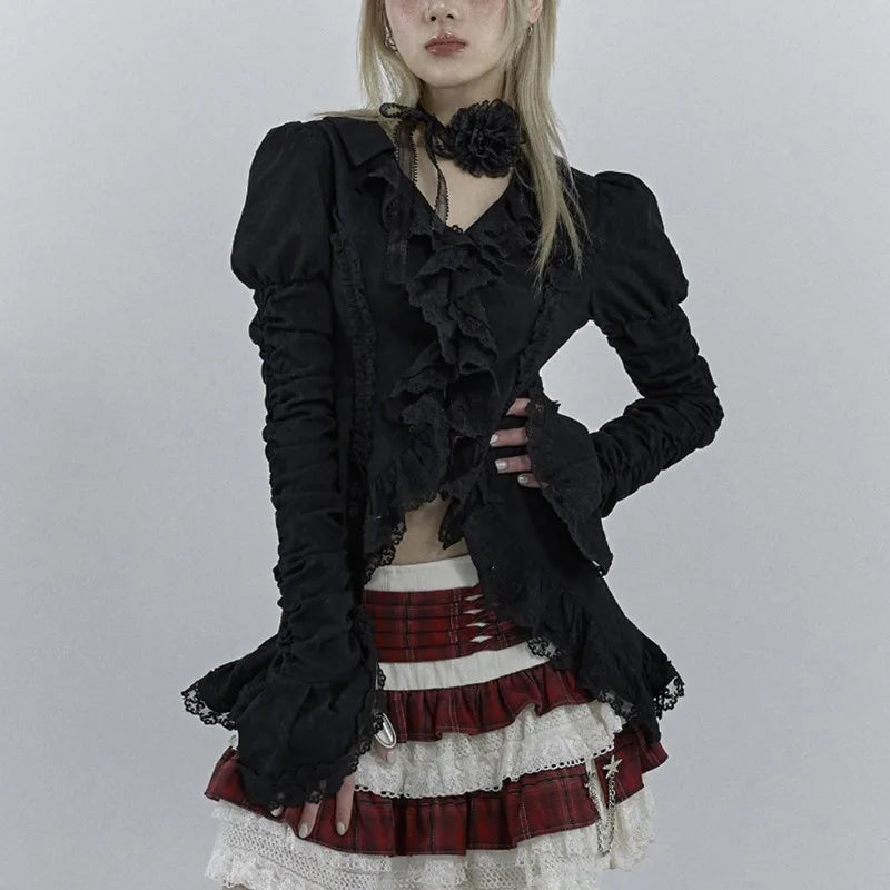 Black Lace Shirt Dark Aesthetic Irregular Blouses Yamamoto Style Grunge Flare Sleeve V-neck Shirt Vintage Y2k Emo