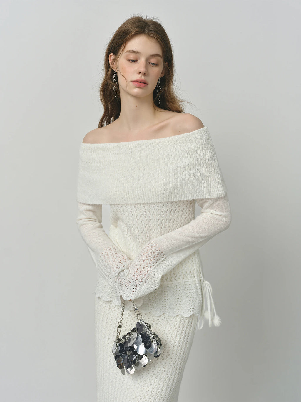 FSLE One-shoulder White Fairy Knitted Suit Set for Women Autumn 2025 New Hollow Wool Knitted Sweater