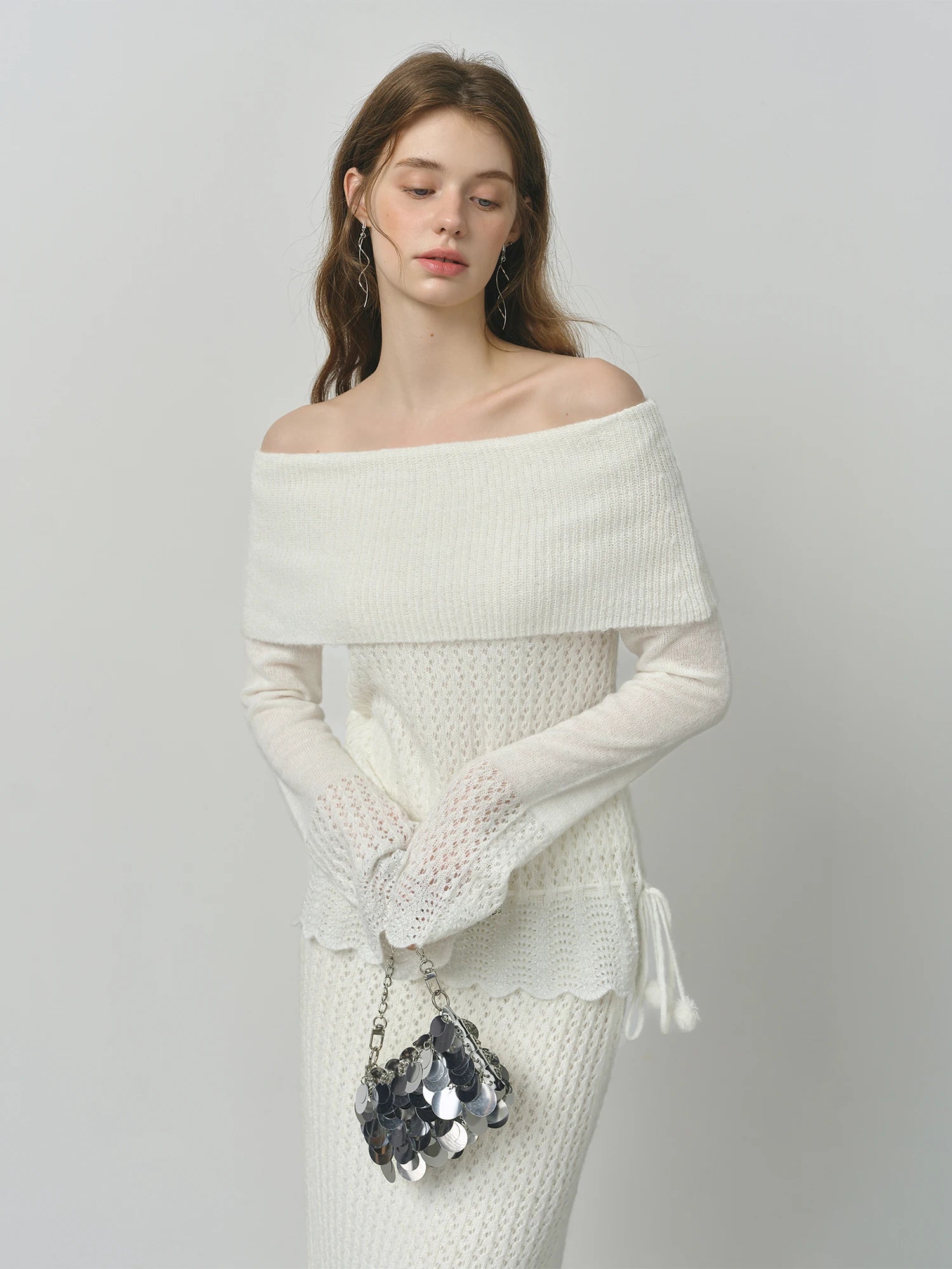 FSLE One-shoulder White Fairy Knitted Suit Set for Women Autumn 2025 New Hollow Wool Knitted Sweater