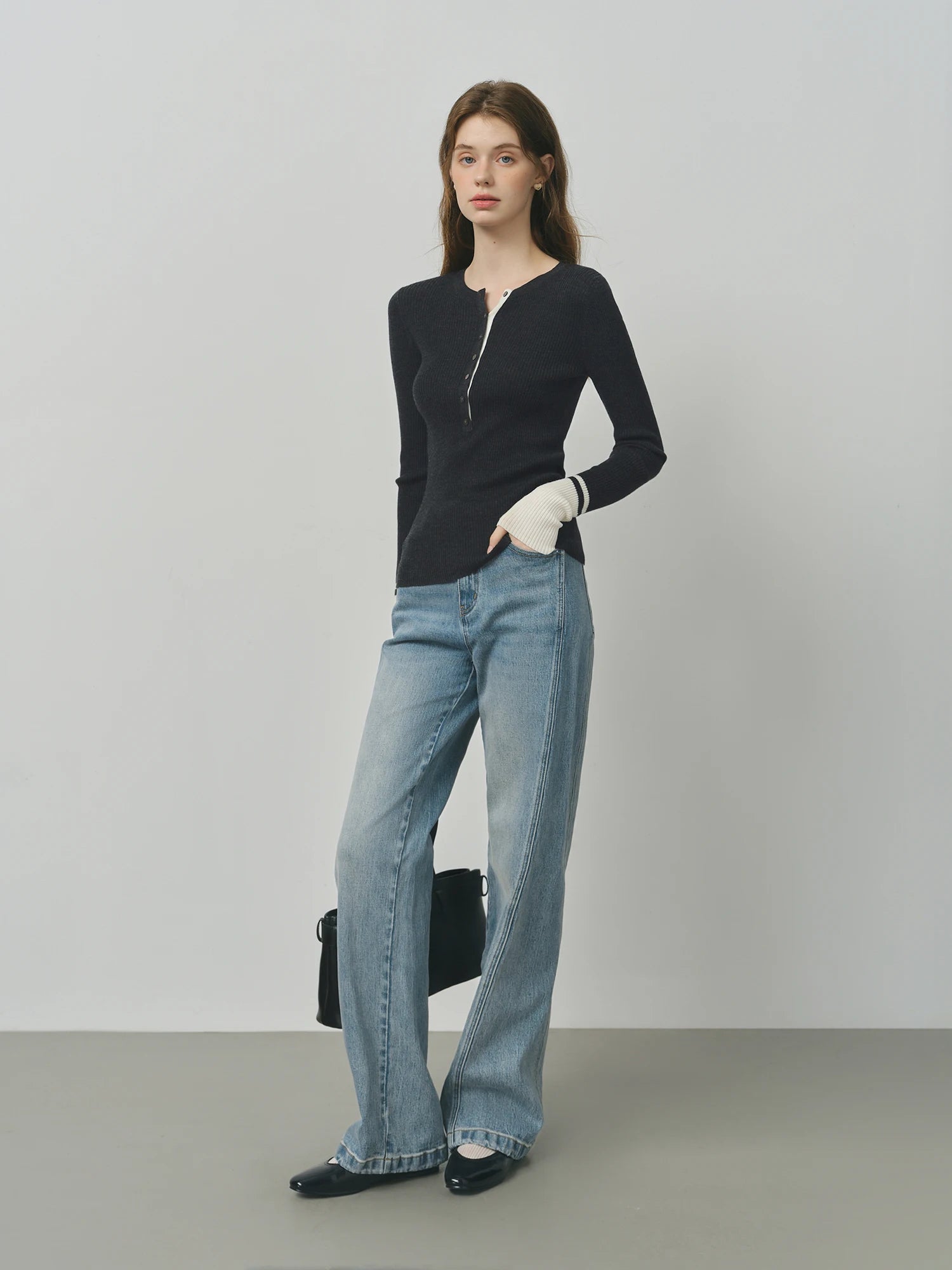 FSLE Wool Simple Temperament Contrast Color Henry Collar Sweater 2025 Autumn New Style Inner Wear