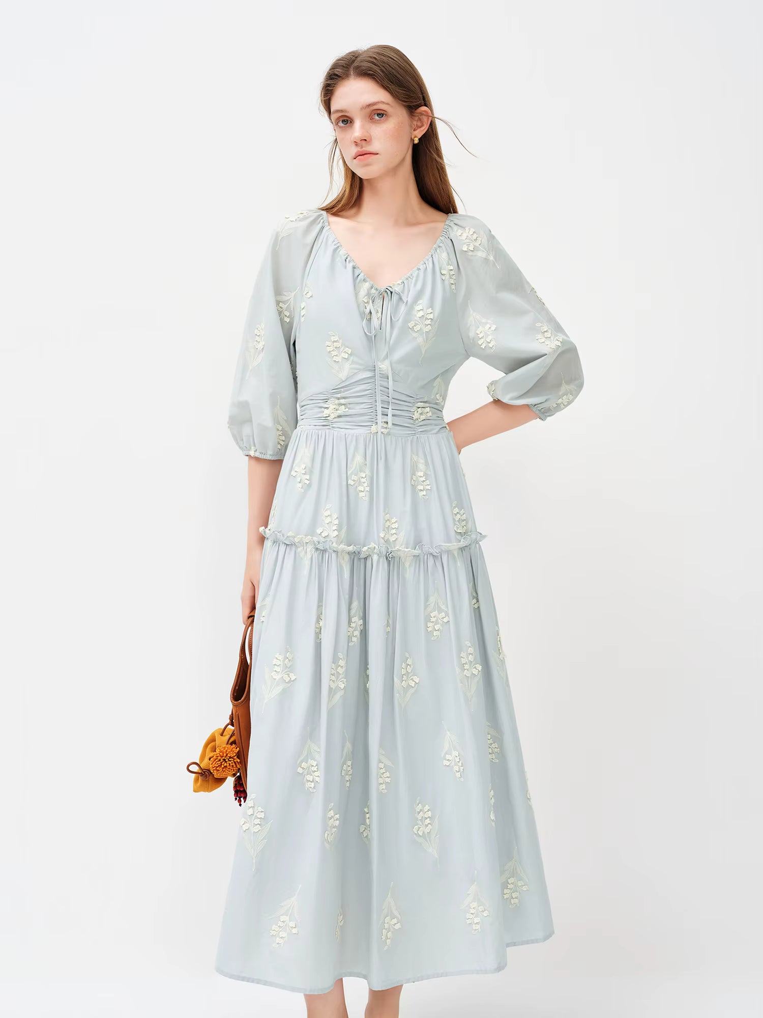 2026 Spring Women's Ethereal Textured Floral Embroidered Dress - Lily of the Valley Inspired Mid-Length Midi for Spring