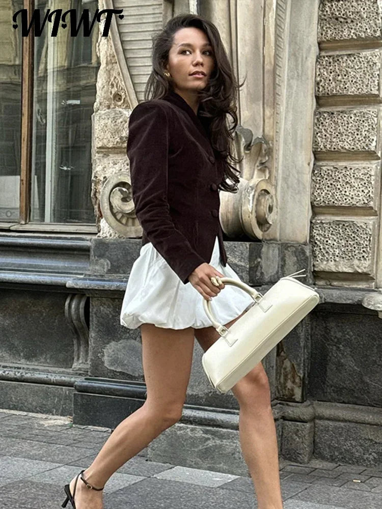 Vintage Burgundy Suede Jacket Women Slim V-neck Single Breasted Long Sleeve Coats 2024 Autumn New Female Office Chic Outwears