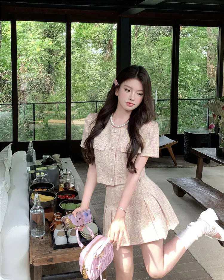 Korea Elegant Two Piece Sets Vintage Office Lady Chic Fashion Puff Sleeve Crop Top + A Line Mini Skirts Suit Retro Summer Outfit