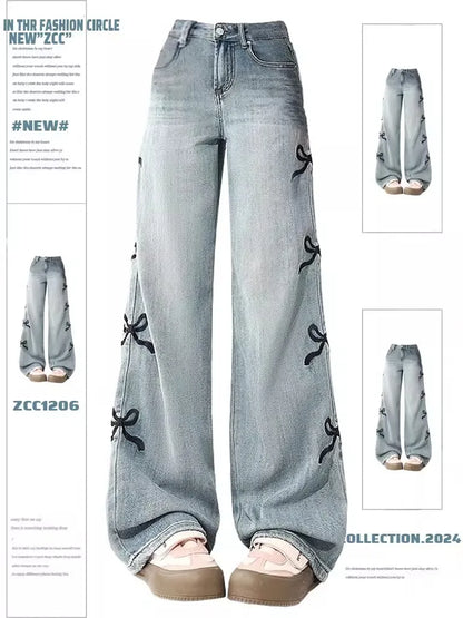 High street Bow Embroidered Jeans for Women's 2024 Baggy Jeans Casual Fashion Straight New Design Wide Leg Loose Jean