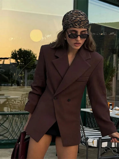 Women Burgundy Red Blazers Coats Vintage Lapel Double Breasted Long Sleeve Suit Jacket 2024 Autumn Elegant Lady Office Outwear