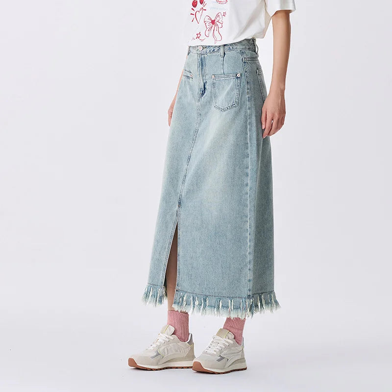 Semir Denim Skirt Women Distressed Trendy Personality Trendy Cool Autumn Street Retro Style Frayed Edge Slit Straight-Leg Skirt