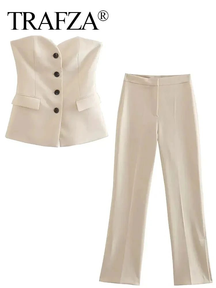 Solid Tube Top Pant Suit Sleeveless Off Shoulder Single Breasted Tube Top+All-match Straight Trousers Set TRAF
