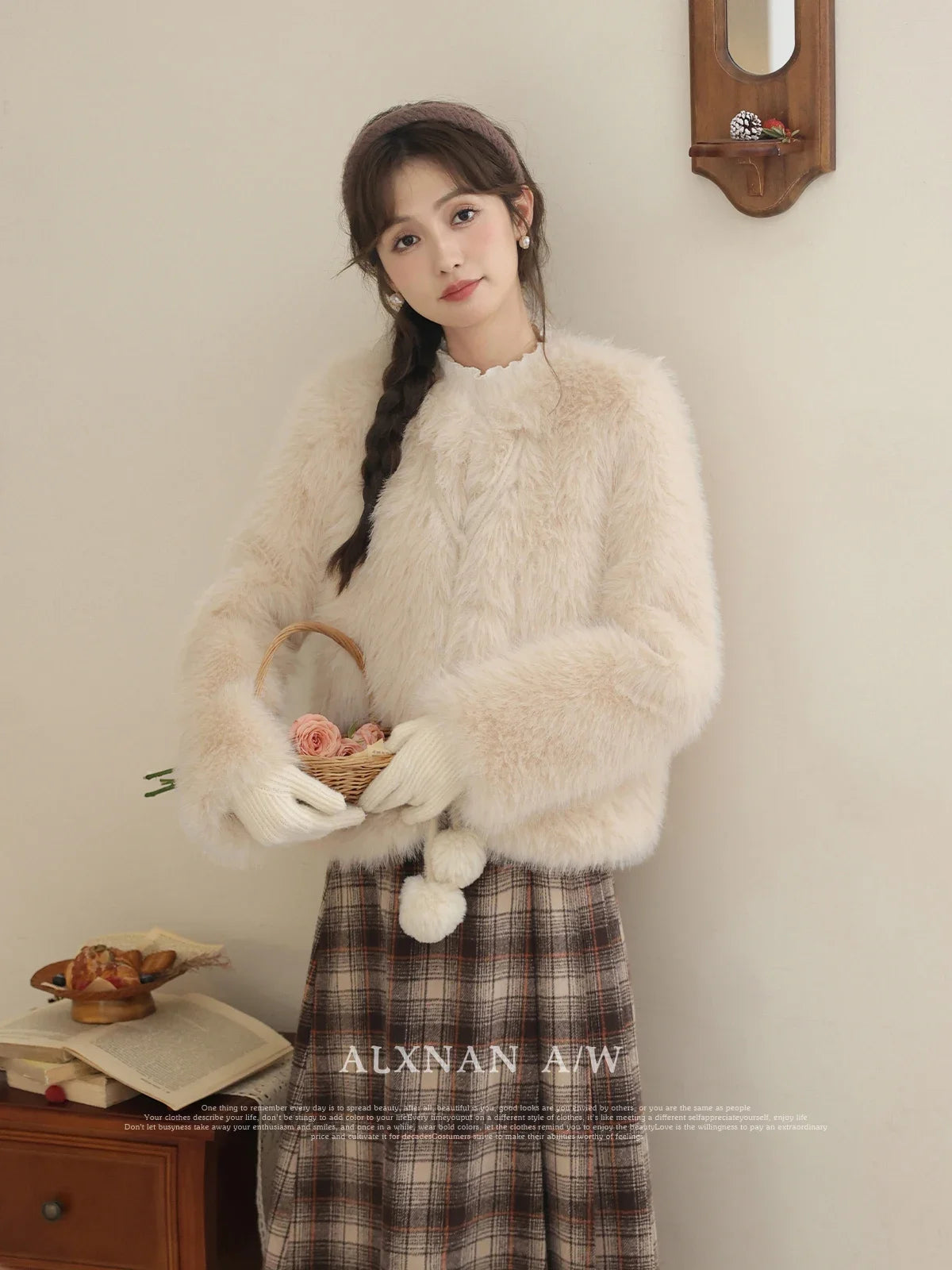 ALXNAN Women French Style Baggy Faux Fur Coat 2024 Autumn Winter Fashion Round Neck Thick Warm Outerwear Female L330115