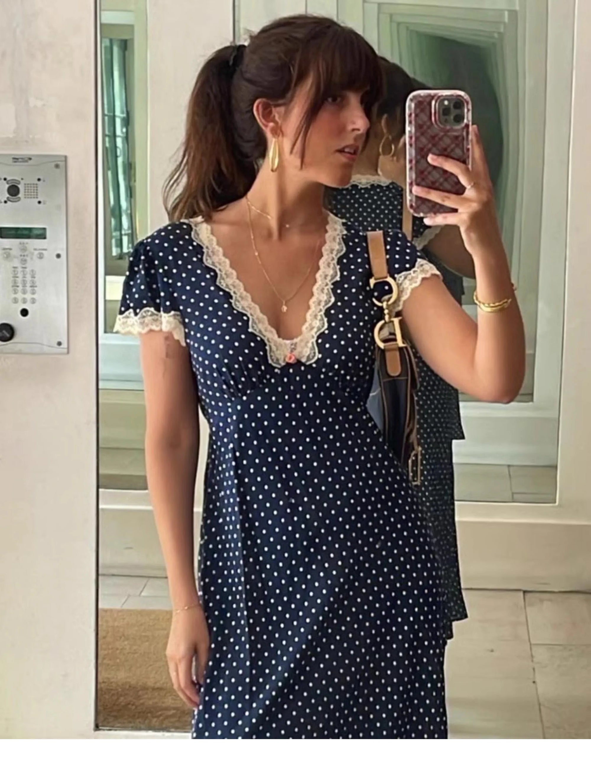 Elegant Navy V Neck Polka Dot Print Lace Trim Dress