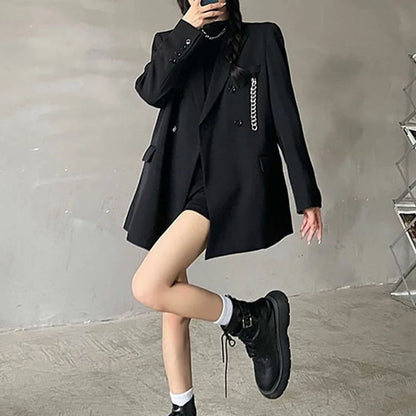 Vintage Streetwear Women's Blazers Coat Harajuku Punk Gothic Chain Black Jackets Female Korean Fashion Loose Suit Outerwear 2023