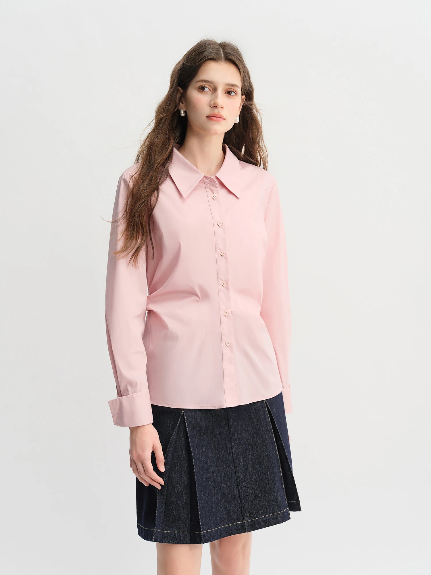 DUSHU Pleated Tie Waist Tricolor Shirt 2025 Autumn New Shirt Slim Tops A-line Skirts Women Suits
