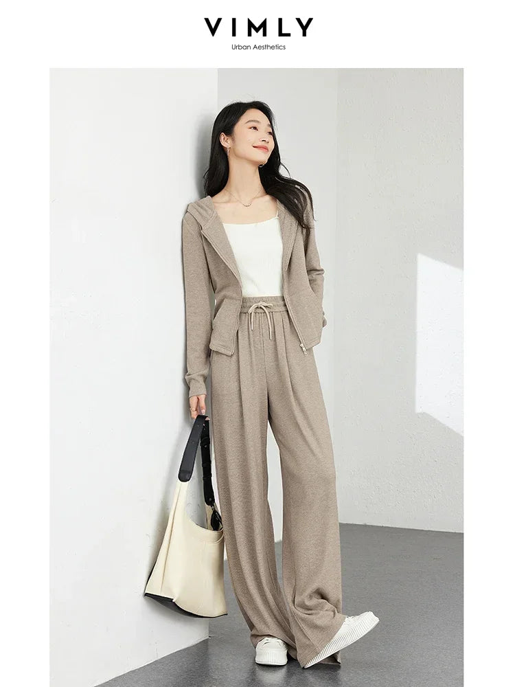 VIMLY Women's Simple Sporty Pant Sets Autumn Hooded Top Thin Jacket+Wide Leg Pants Office Lady Tracksuit 2Pcs Set Casual Clothes