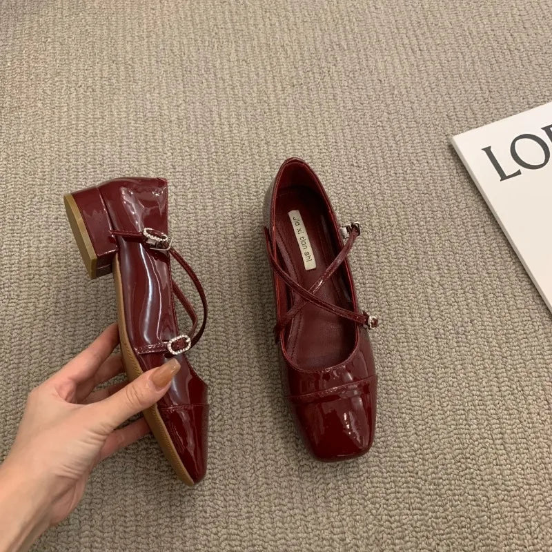Medium Heeled Mary Jane Single Shoes 2024 New Women Shoes Retro Thick Heeled Ballet Shoes Cross Buckle Shallow Soft Sole Shoe