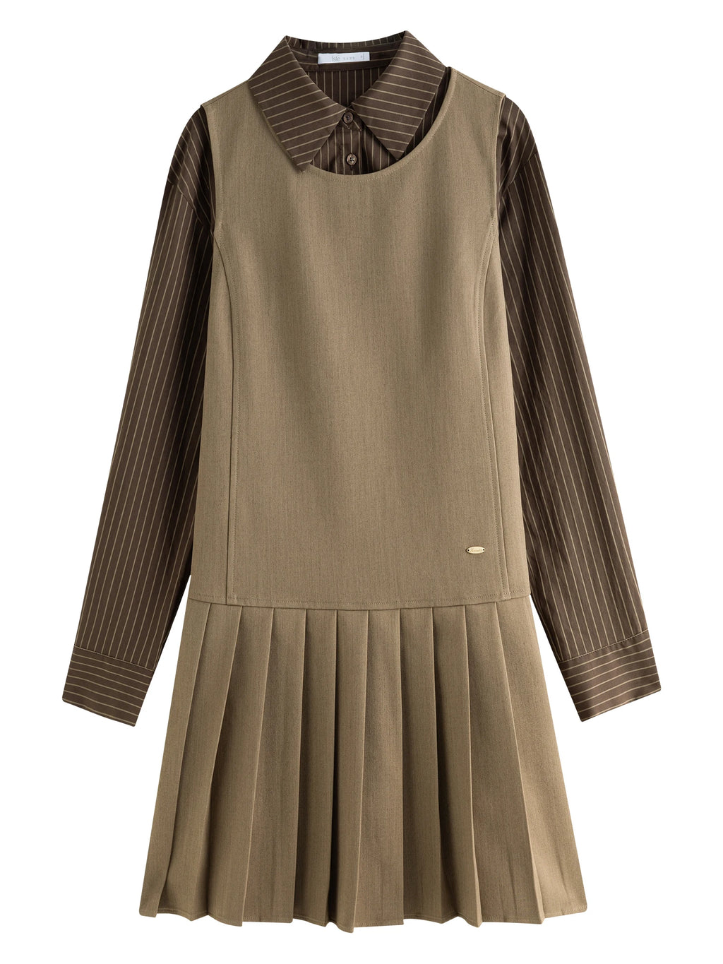 FSLE Women Knee-Length Dress Polo Neck Striped Top Fake Two Design Female Brown Pleated Mini Dresses Twill Dress 24FS14467