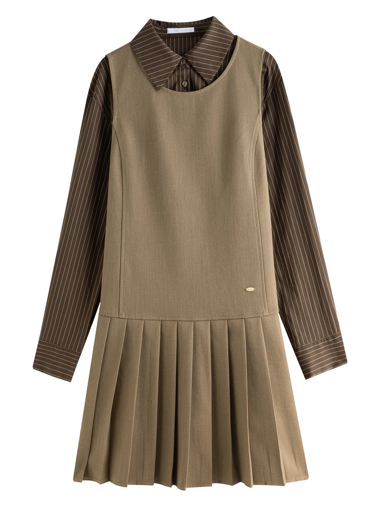 FSLE Women Knee-Length Dress Polo Neck Striped Top Fake Two Design Female Brown Pleated Mini Dresses Twill Dress 24FS14467