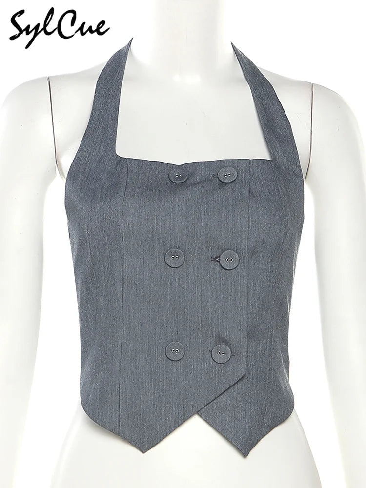 Kpop Sylcue Grey Vintage All-match Confident Mature Sexy Charming Young Girl Summer New Street Cool Women's Button Neck Vest