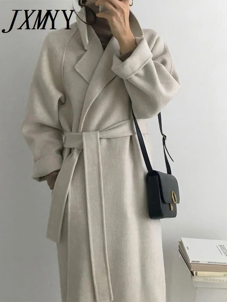 JXMYY French Lazy Style Warm Female Fresh Winter 2024 Classical Belt Retro Loose Women Woolen Coats Chic Casual Long Coat Long