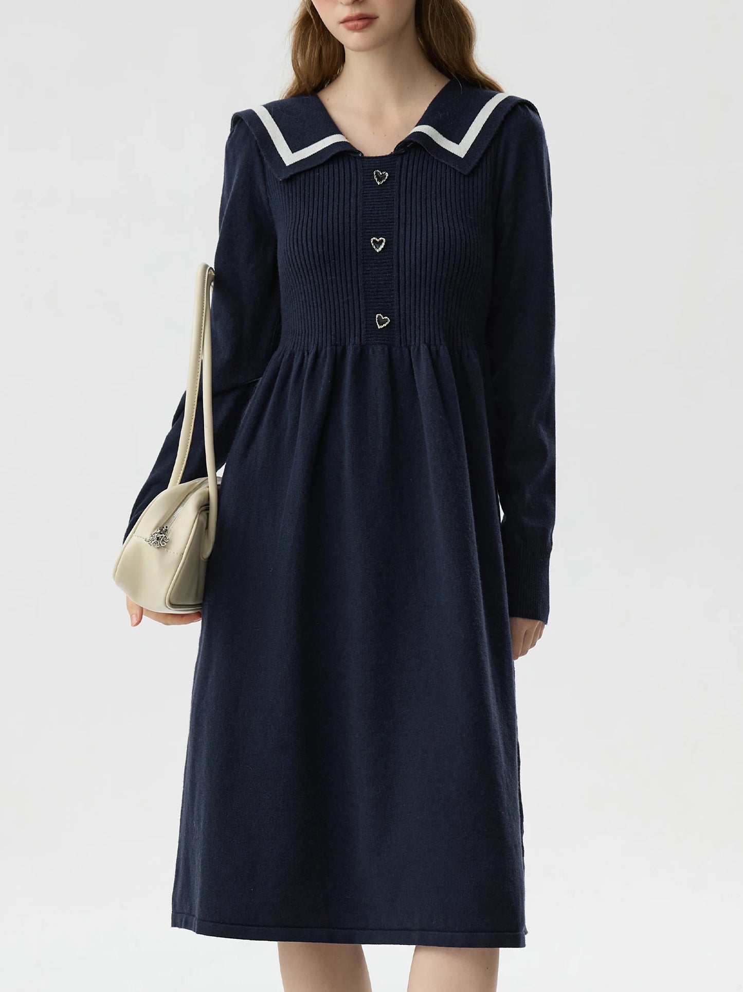 FSLE Office Lady College Style Navy Collar Knitted Dress for Women Winter 2024 New Interior Sweater Casual Dress 24FS14341