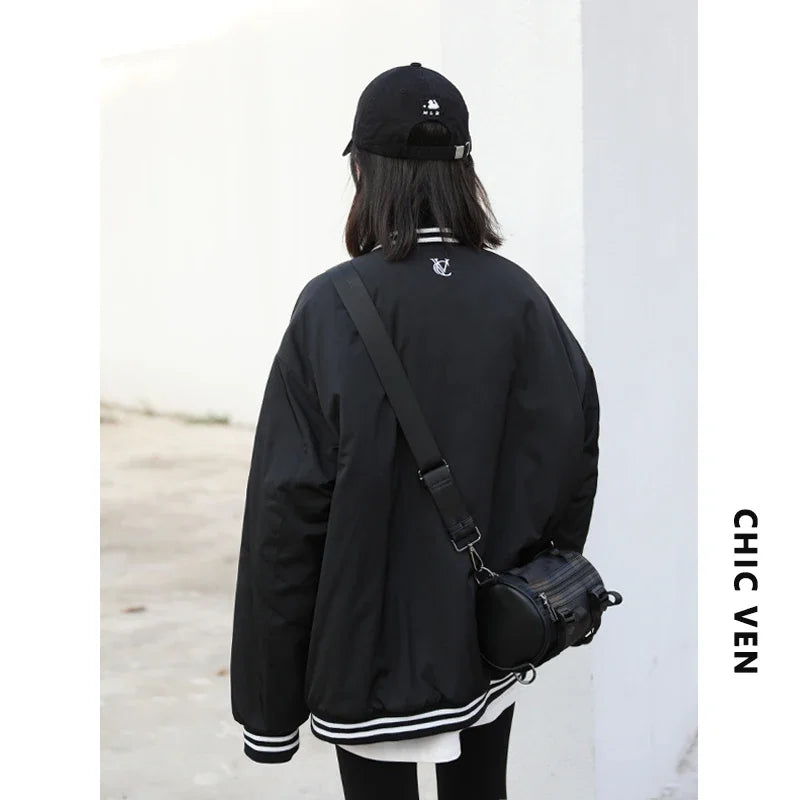 CHIC VEN Women Jacket Streetwear Casual Letter Baseball Quilted Female Overcoat Thick Warm Lady Coat Autumn Winter 2024