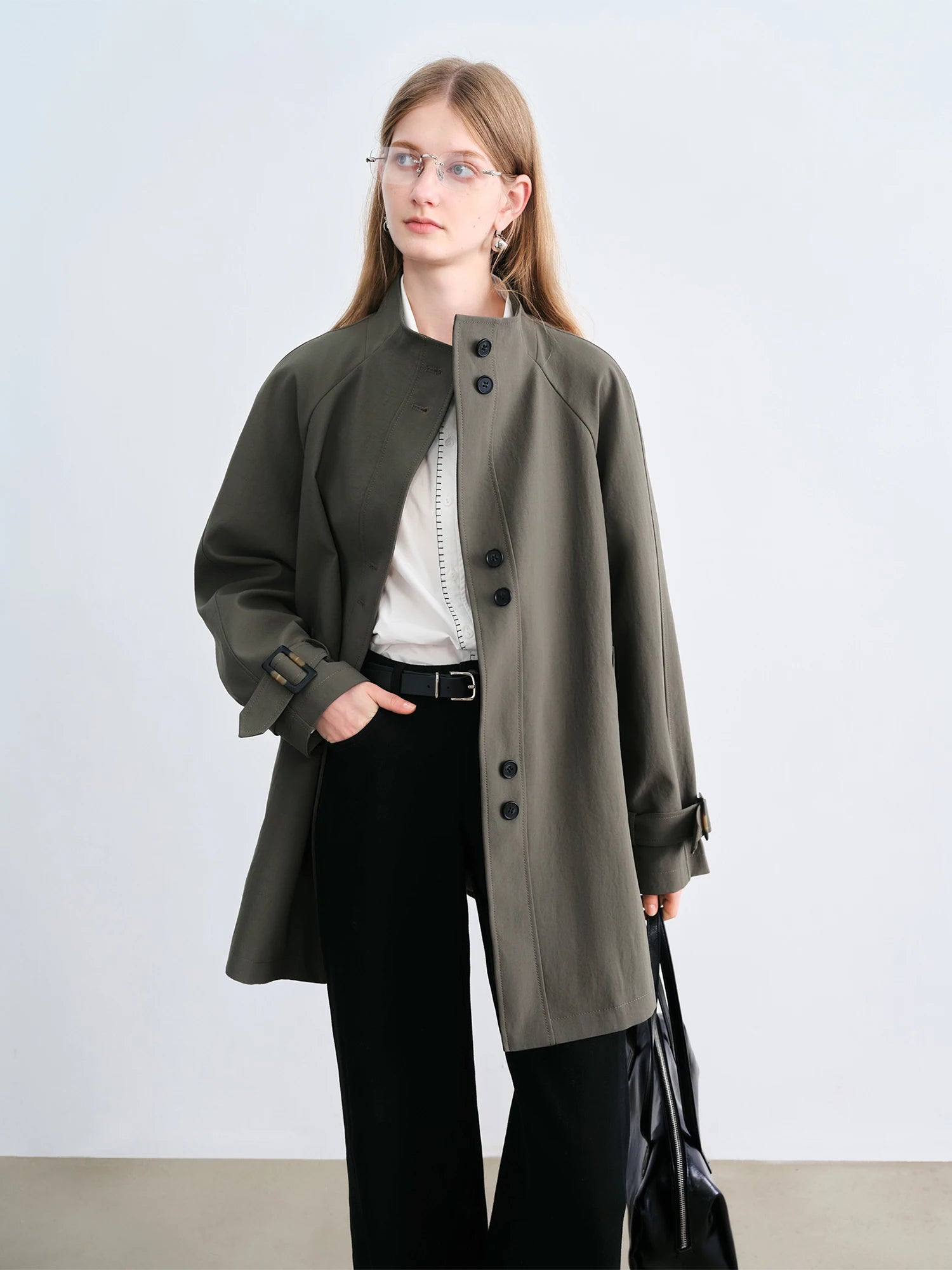 ZIQIAO Retro Style Stand Collar Mid-length Trench Long Jacket For Women 2025 New Arrival Short Khaki Coat